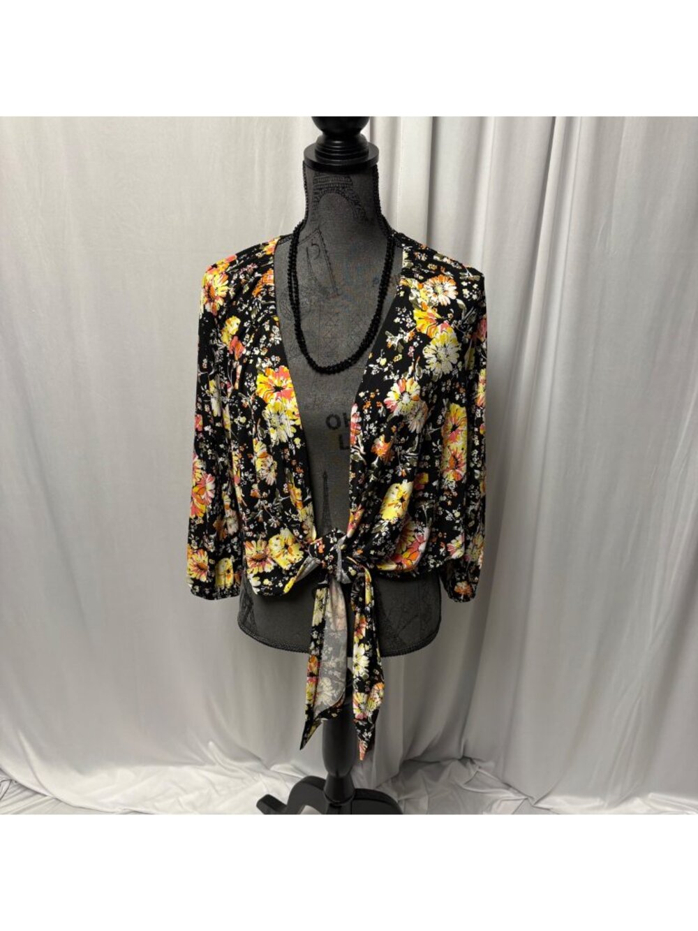 Lane Bryant Tie Front Short Cardigan Womens 14-16 Black Yellow Pink Floral